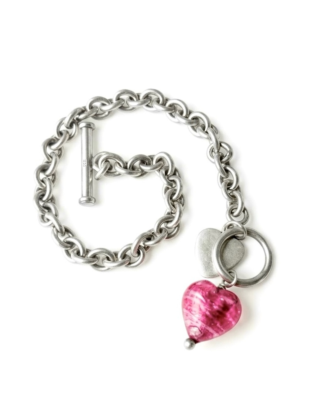 Vintage Sterling Silver Chain Bracelet with Pink Glass Heart Charm